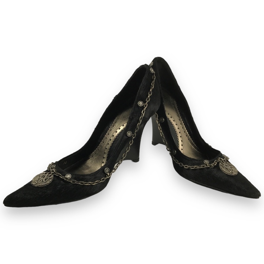 Rock & Republic Pointed Toe Fur Wrap Around Chained Logo Wedge Black Size EU 36 - Picture 5 of 15